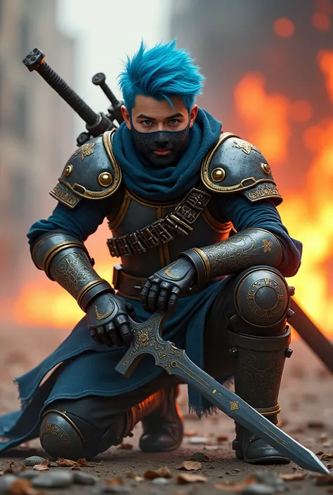 (photorealism:1.2), Boy, mask, armor, swords, blue eyes, blue hair, looking at the camera, fire, gun in the other hand, outside, on one keen, grown man, gloves, happy face,