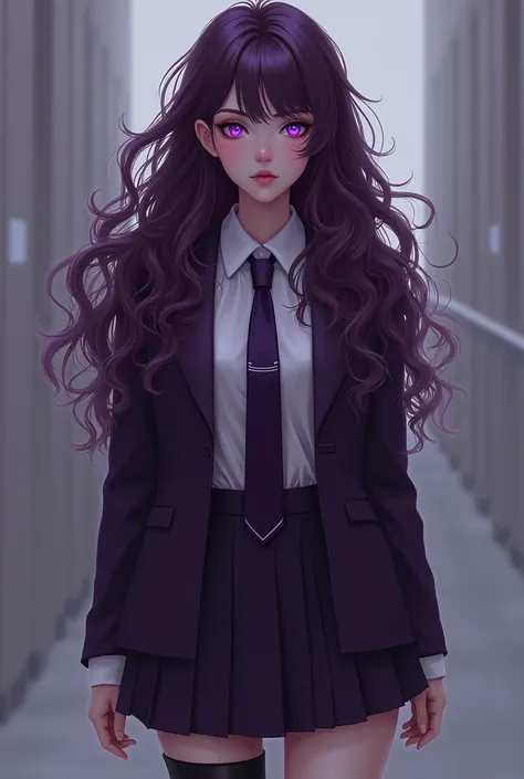 Create a girl with purple eyes, she has purple wavy hair, She wears a dark purple school uniform and black knee-high boots with heels.