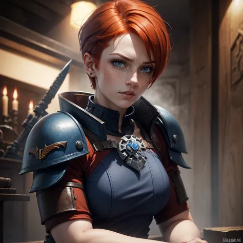 adult woman, natural redhead with pixie cut hair, freckles on the face, Dark blue eyes, Warhammer 40K Imperial Guard, strong and fearless,