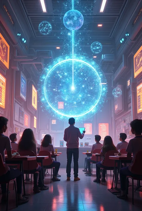 layer:
A group of young students meet in the center of a futuristic classroom, surrounded by anthropomorphic figures representing the four dimensions: ilm, temperature, Volume and Length. Each figure shines with vibrant colors, representing their areas. In...