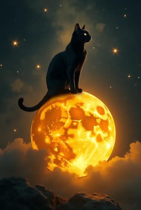 I want a black cat, above the moon, the moon with the yellow color 