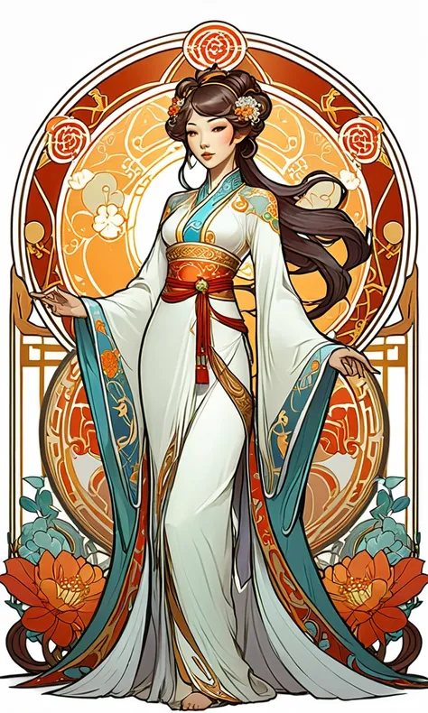 Cartoon style + Strange Stories from a Chinese Studio, game character, character design. Mucha style, character in front view, Art Nouveau style, 2D, pure white background. --s 400