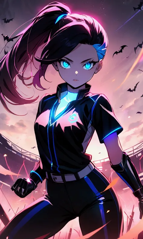 The teenage girl in a futuristic era has short, asymmetrical hair with vibrant neon blue and pink streaks. Her eyes are sharp and focused, with a slight cybernetic glow. She has an athletic build, dressed in a sleek, high-tech baseball uniform with metalli...