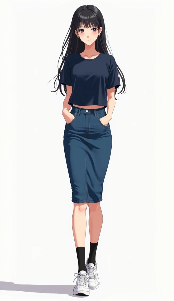 young woman, same tall height, yuri.

The young woman long black hair wear a navy round neck shirt, jeans pencil skirt 14 cm, black underpants, black socks, white nike sneakers, tuck the navy round neck shirt into jeans pencil skirt.

Shes walking, smiled ...