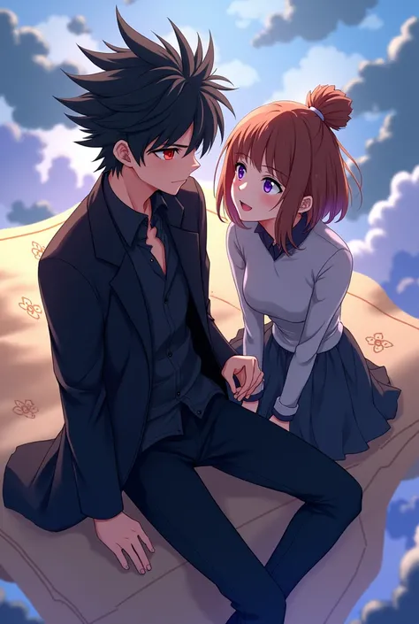 Anime boy ((( Spiky hair , black hair , full black outfit , red eyes , narrowed eye , handsome  ))) , anime girl , purple eyes , brown hair , tied single bun hair style , yellow outfit ))) , matured , sitting on flying map , good quality , masterpiece , on...