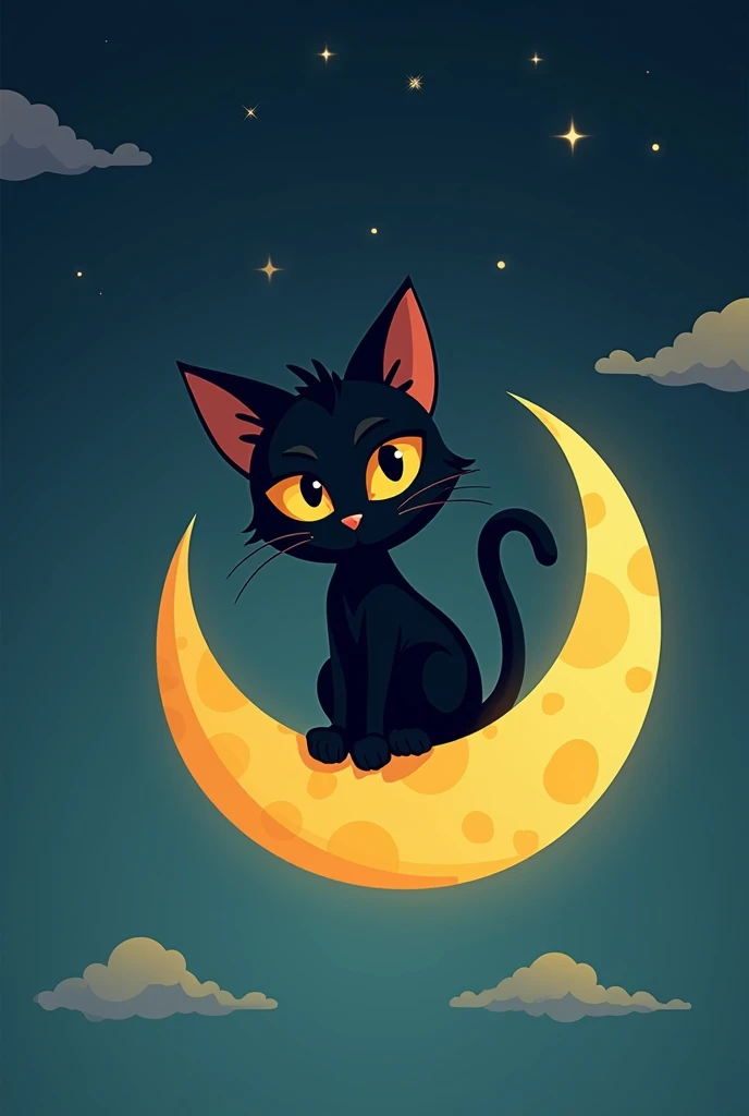 I want a black cat, above the Waning Moon , the moon with yellow color cartoon style 