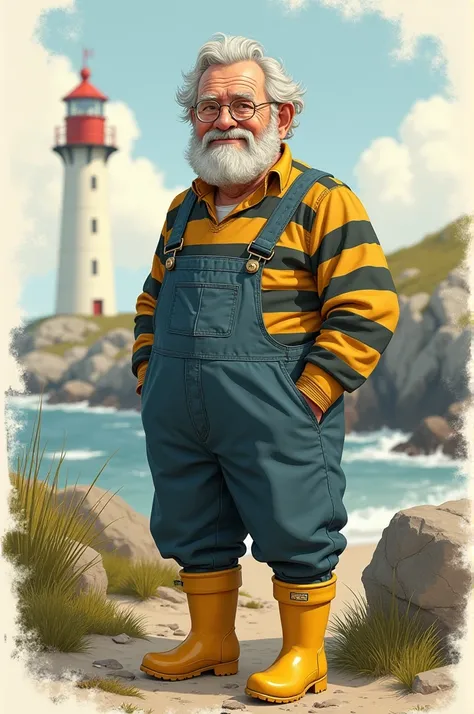 Illustration:
Lighthouse keeper ( Wilhelm kf:Willi) : old, grey hair like full beard, yellow rubber boots, striped sweater, dungarees