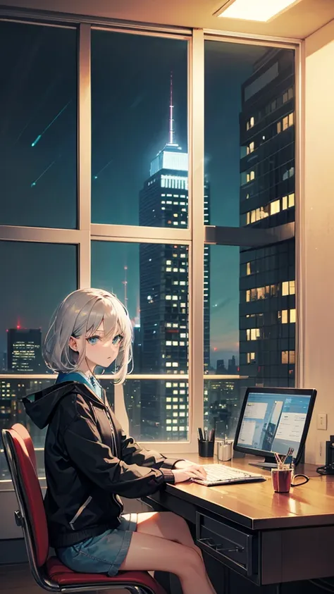 (masterpiece), Best quality, turquoise eyes, light gray hair, Expressive eyes, Hello, Sitting in a high rise apartment room, night sky, cityscape, Look at the viewer, city lights, window, highlight, dramatic lighting, Calm face,