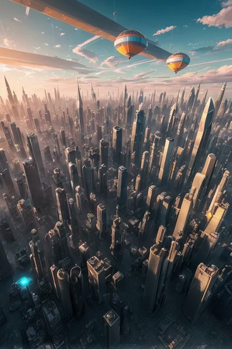 "Create a 3D-rendered futuristic city floating in the clouds. Buildings with sleek metallic facades and glowing neon lines reflect the early morning sunlight. The city is crisscrossed with walkways and moving platforms. In the background, hot air balloons ...