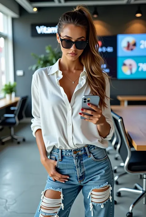 create a super beautiful girl, super realistic, 8k resolution, normal body, brunette hair with a ponytail style, dressed casually with jeans torn at the knees and a white shirt and Rayban brand glasses, model WAYFARER CLASSIC and white sports shoes, is inf...