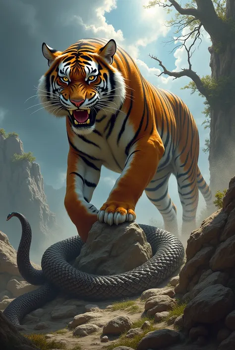 Tiger defeating snake and dragon