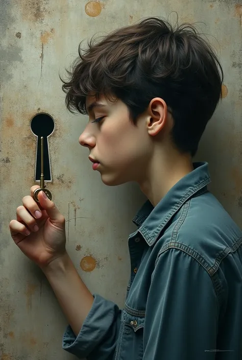 Give me an image of a mind of a teenage boy. The mind has a key hole. The boy holds a key to unlock his mind. He is bit confused to whether open it or not