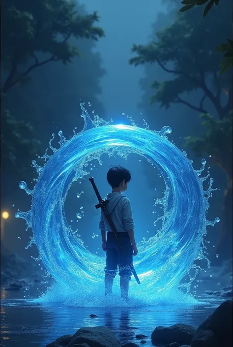 A small amount of water ball like structure is completely  flowing around him in the air of a boy in 2.5d in a night time he having sword in his back his eyes in blue 