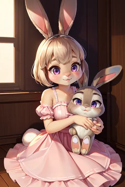 a close up of a doll with a pink dress and bunny ears, ultrarealistic sweet bunny girl, judy hopps from zootopia, judy hopps, cute fumo plush bunny girl, bunny girl, a portrait of judy hopps, disney character, beeple and jeremiah ketner, cute anthropomorph...