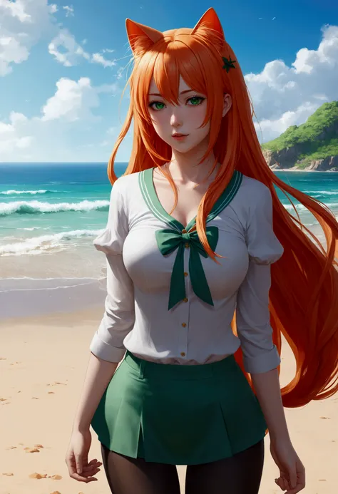 anime girl with long orange hair standing on beach near ocean, green eyes detailed digital anime art, cat ears, , anime girl with long hair, smooth anime cg art, anime girl with long hair, average breast size, digital anime art, artwork in the style of guw...