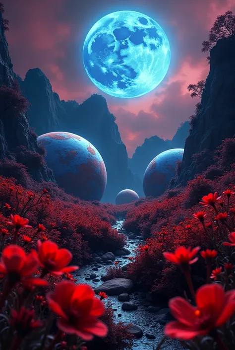 Butiful planets in red flowers garden in dark theme with blue moon red sky in HD quality.