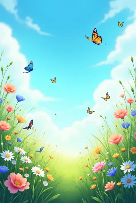 background  blue with butterflies and flowers 