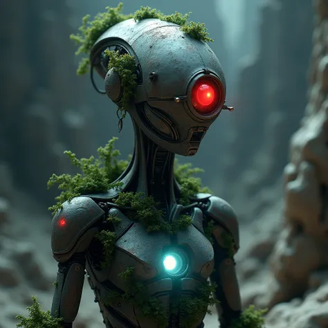 An alien with a futuristic and robotic design, similar to the cyclops from Greek mythology. A worn and rusted metal body, covered in moss and vines. Glowing red eyes with a white light coming out of the chest. Futuristic setting on the moon.