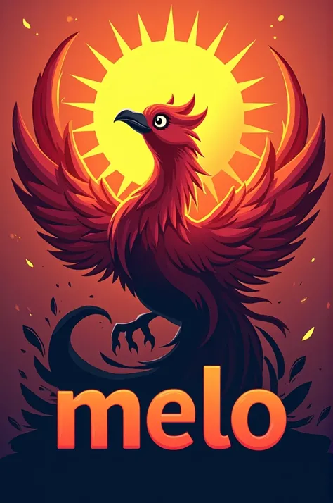 Create a logo for a discord group. The members are fun, so make it really eye-catching and cool. Its important to have the name "MELO" in the logo, use warm colors, and use elements like the phoenix and the sun. DONT USE ANYTHING CHILDISH!! Make the phoeni...