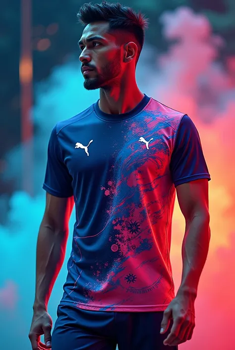 Create a purple sports shirt, I want the puma symbol on the left chest and a gear on the right chest, I also want to have some combination keys, gears on the shirt but they have to be half transparent in white