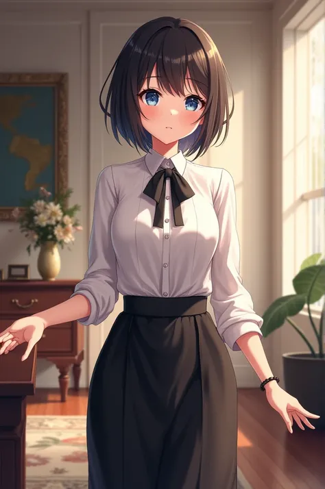 ((anime)),((best quality)), ((masterpiece)), (1beautiful and mature girl, short black brown mixed hair, blue eyes, wearing elegant and mature clothes, long elegant black skirt, modern room, luxurious and elegant, friendly assistant, absurdres, high resolut...