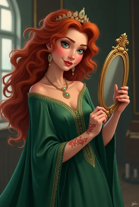 il y a une femme dans une robe verte tenant un miroir, , with a green caftan, portrait de la princesse merida, inspiré par Anna Findlay, RIGHT, anne, corps entier ou portrait, portant une couronne et une cape verte, bendir henna 
