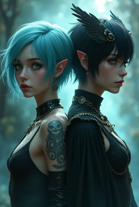 Mythical goddess with short, shoulder-length sky-blue hair, intense emerald eyes, cold and distant facial expression, light skin, average height, black warrior outfit, owl wings on back, various mythical tattoos y un búho sobre su hombro izquierdo fusionad...