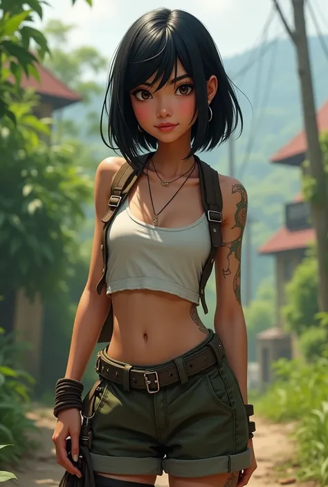 An Indonesian tomboy with slightly darker skin tone, black hair color and a wolfcut that goes to the shoulder, not too thin, the head is round