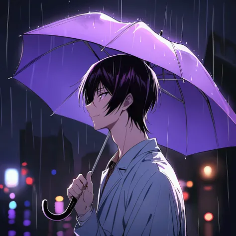   ,Anime Man ,lelouch lamp clock,pruple eyes , I smile, Simple background, Great job, precise, Anatomy, correct, Best quality, Holding an umbrella, at night, in the rain, side view, purple lights in the city