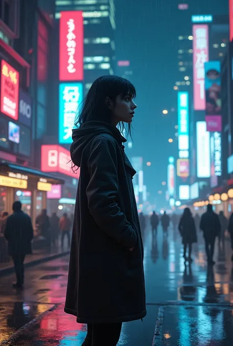 1girl,night city,rain,coat,hands in pockets