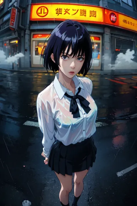 (((masterpiece, Best Quality, Very detailed)), One girl, _up, Alone, View your viewers, work_flower, Brown eyes, Manga, anime, Purple Hair, Blue tight skirt、ribbon, black ribbon, black , White see-through blouse、, From above, Standing on the street, Depth ...