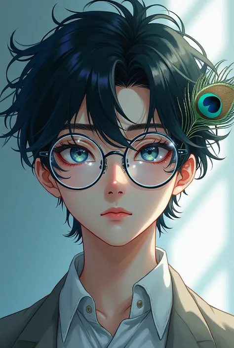 Manhwa man with transparent glasses messy fluffy hair 
Beautiful eyes wearing a peacock feather in his hair