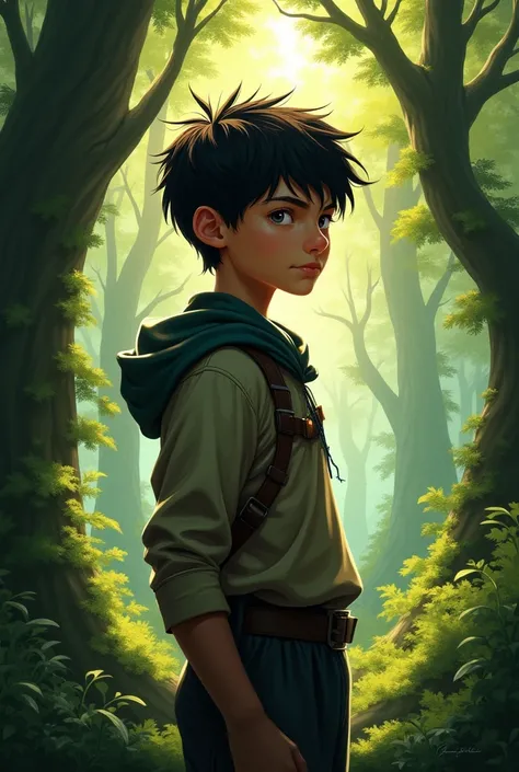 A tall 1 black haired dark haired boy in a forest