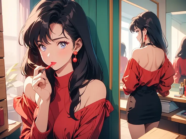 Back view of a woman looking in the mirror and applying lipstick、A very small round mirror、Long Hair、Have a mirror、Long sleeve