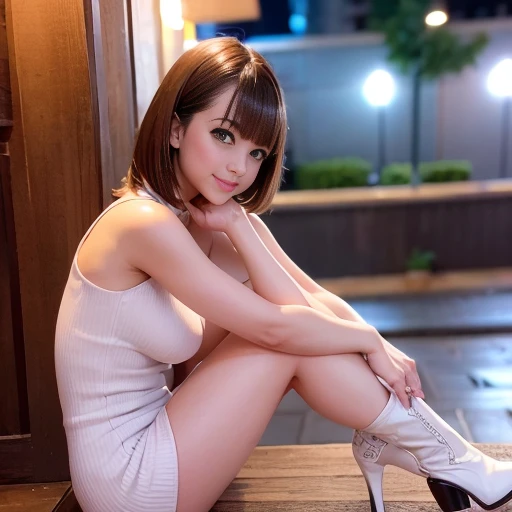 Sleeveless、A tight knit mini dress with a high neck、Luxury Leather High Heel Boots、1 girl、Bob Hair、Medium breast、smile、Masterpiece:1.3、Raw photo quality、Highest quality、Detailed Description:1.3、Detailed Background、Sitting on a bench in front of the station...