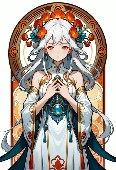 Cartoon style + Strange Stories from a Chinese Studio, game character, character design. Mucha style, character in front view, Art Nouveau style, 2D, pure white background. --s 400