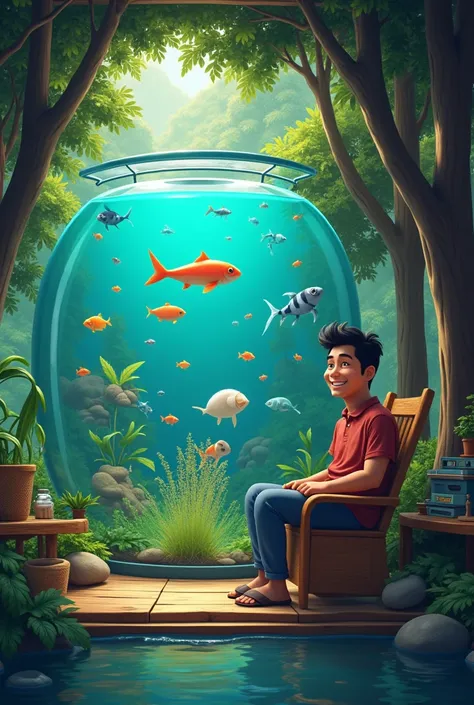 3D anime man Filipino forest house water character guko big fish tank