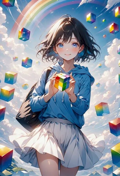 Best Quality, 4K, 8k、rainbow色のキューブを持っている女性,Seven cubes floating in the palm of your hand,Seven color cubes,Ultra-mysterious,Black Hair,Short Hair,Blown by a strong wind,Clear blue eyes、Calm face,Black hoodie,White Skirt,Standing,Black sneakers,rainbow色の光,7...