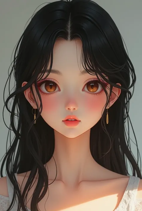 Round face, long puffy and black hair, hazel eyes, a small mole under her eye, a beautiful nose, slightly full lips..Can you draw a girl who is 65 cm tall and weighs 57 kilos?