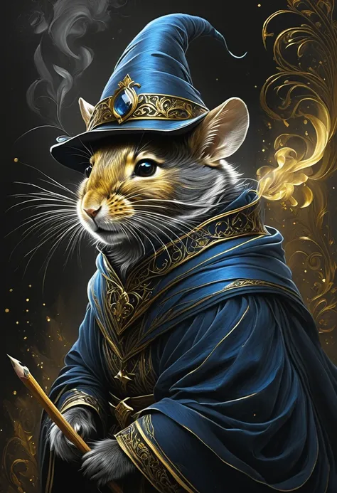 Black pencil shading, charcoal drawing, Colored paper, Pencil drawing, Cruel Darkness/coloring scheme, Gold pattern,
Wizard Mouse, Wearing a sparkly blue wizard hat，The fur on the hat reflects light, Curled tail in curiosity, Surrounded by golden smoke, Ca...