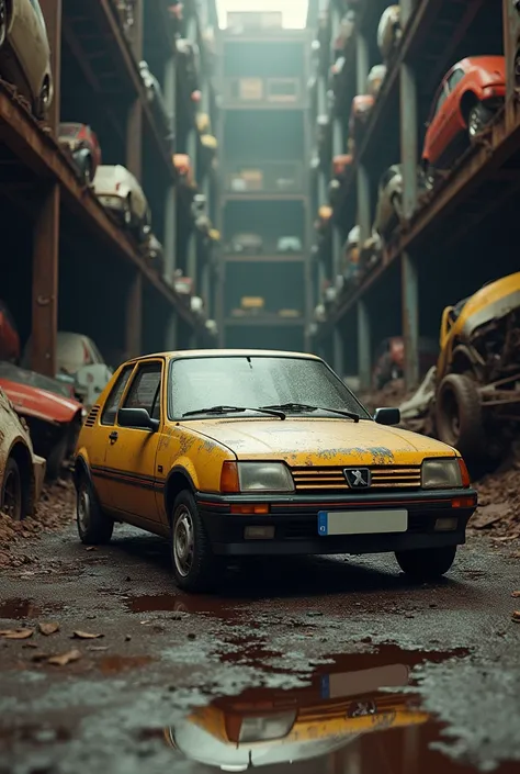 Create photorealistic image of a Peugeot 205 on a scrapyard