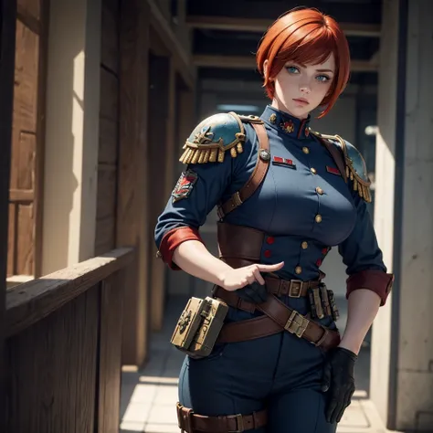 adult woman, natural redhead with pixie cut style , dark blue eyes, face with freckles, strong and fearless, wearing army uniform, Warhammer 40K Imperial Guard 