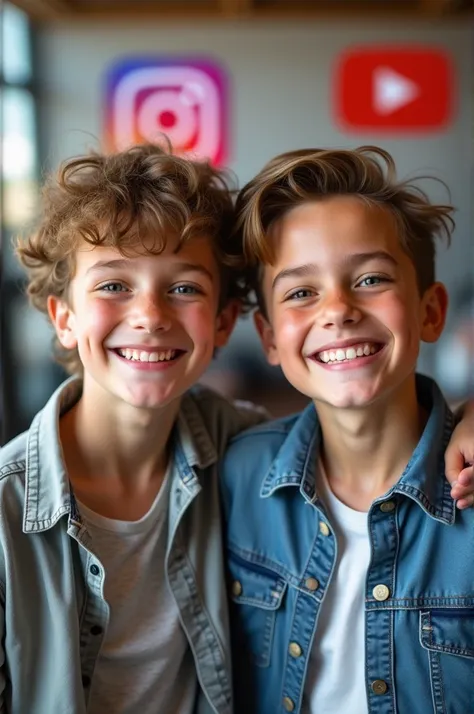 A 2 American young boy with a friendly smile, wearing casual clothes, against a blurred background featuring the Instagram logo and YouTube logo prominently displayed.