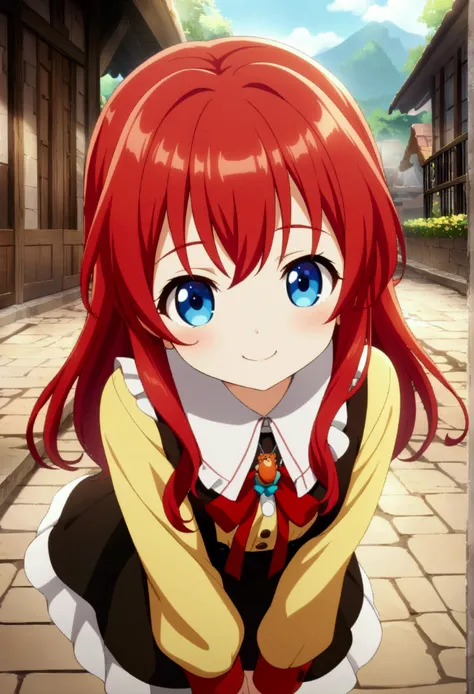 1kid, girl, red long hair, cute, blue eyes, cute clothes, cute smile, CG, screenshot, 12years