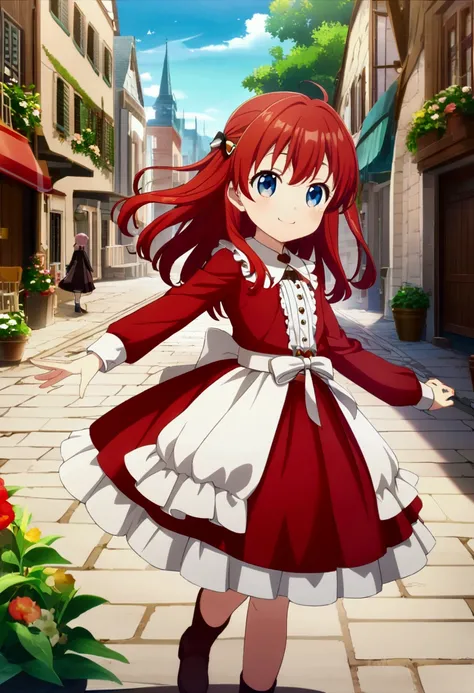 1kid, girl, red long hair, cute, blue eyes, cute clothes, cute smile, CG, screenshot, 12years