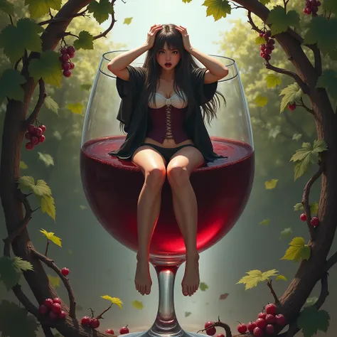 girl sits on the edge of a huge glass of red wine. The girl is wearing shorts, a corset, Hooded robe. Hair is long, hands holding head. The girl screams loudly. A glass of wine is entwined with grape vines. 