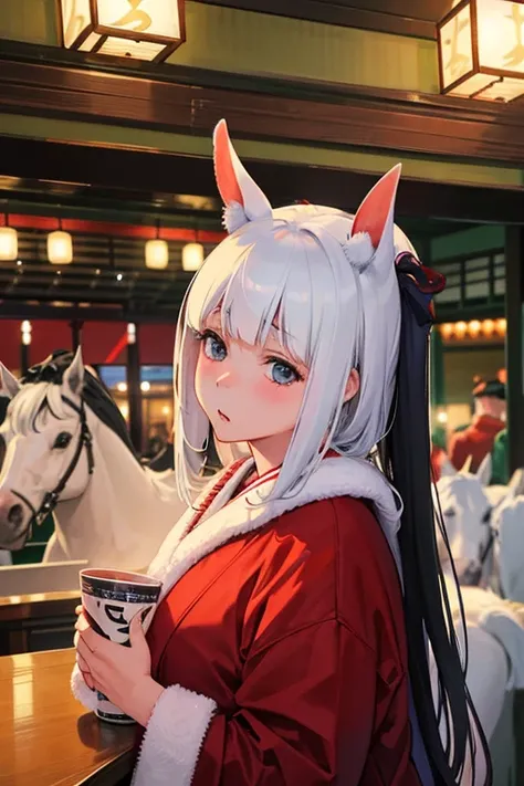 Thoroughbreds having a Christmas party at an izakaya　A thoroughbred drunk and intoxicated　Horses having a Christmas drinking party at an izakaya　The horse gets drunk and goes wild　Japanese sake　Snowy night, white Christmas　Horse face　Thoroughbred face　Ther...