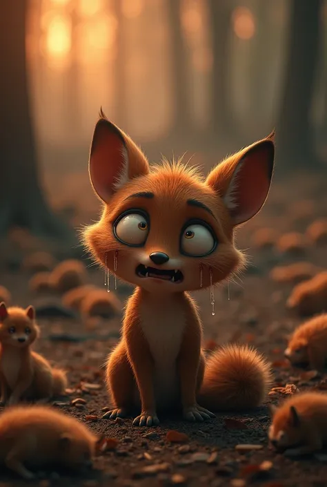 A little forest animal crying expressing suffering and sadness with tears in its eyes because of the fire with its baby and many animals around in 20k resolution sadder crying inconsolably 