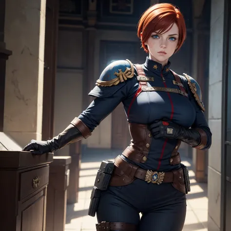 Robust adult woman, natural redhead with pixie cut style , dark blue eyes, face with freckles, strong and fearless, wearing army uniform, Warhammer 40K Imperial Guard, wears black gloves on both hands 