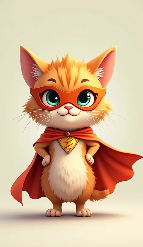 A cute cat dressed as a superhero, wearing a tiny cape and mask, standing proudly like it’s ready to save the world, cartoon style, funny and exaggerated pose.